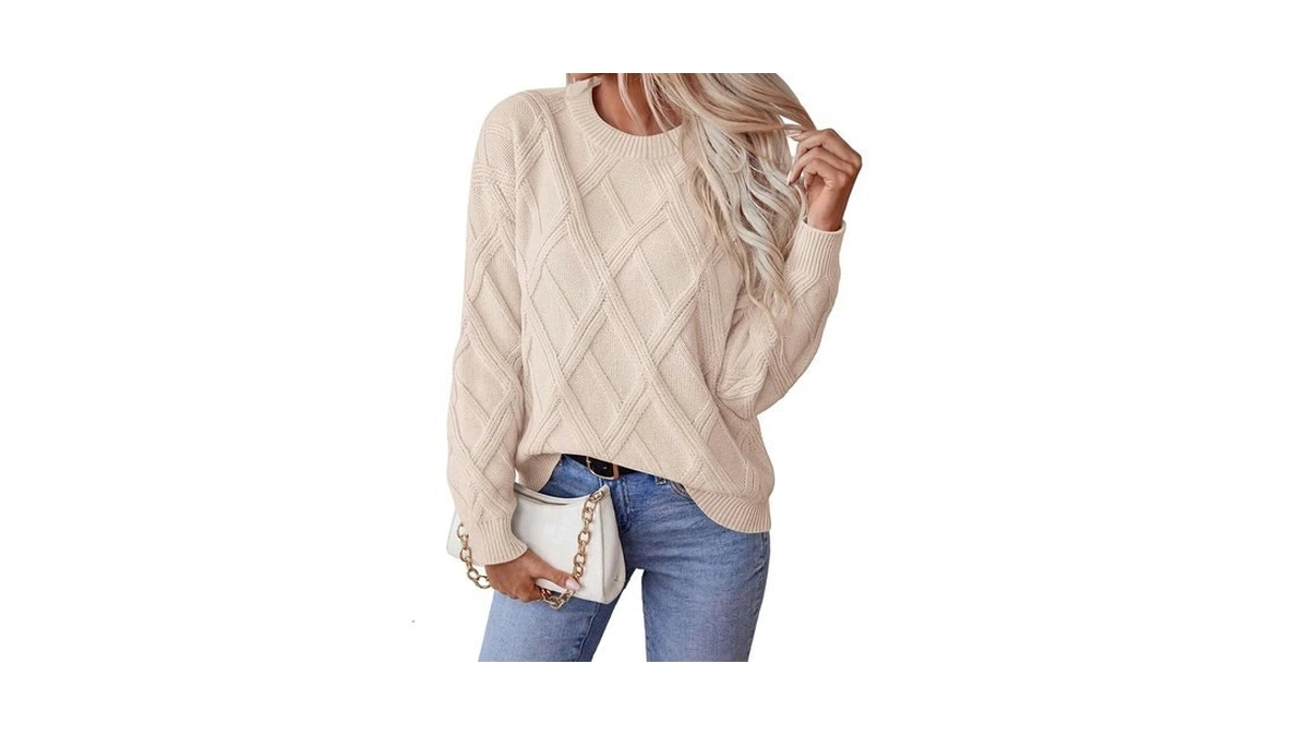 Okiwam Women's Long Sleeve Sweaters Crewneck Cable Knit Pullover