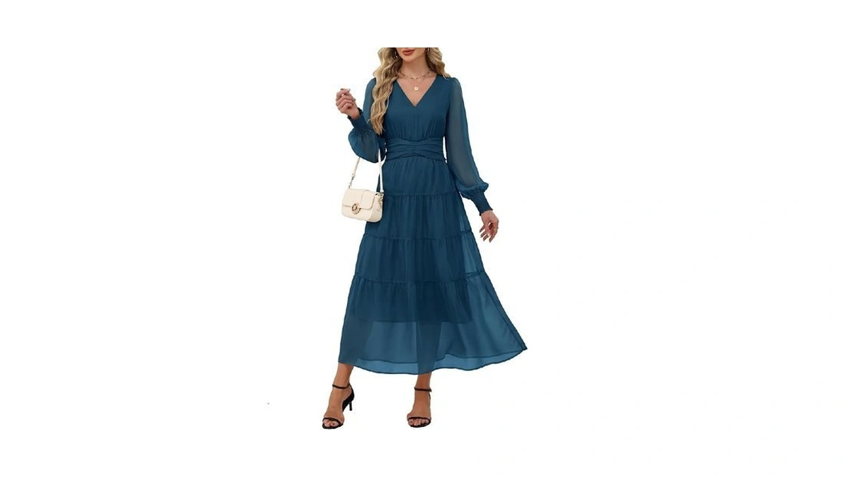 Anrabess Womens Floral Long Sleeve Maxi Dress V Neck Chiffon
