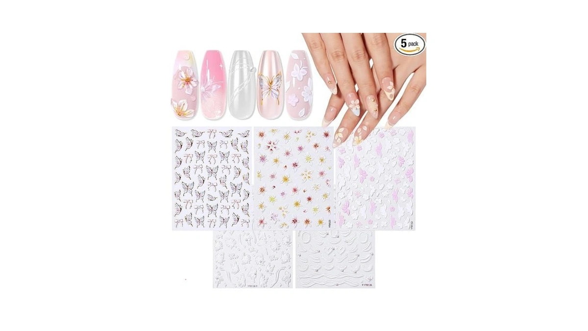 Modelones Gel Polish Nail Stickers, 3d Embossed Floral Nail Decals
