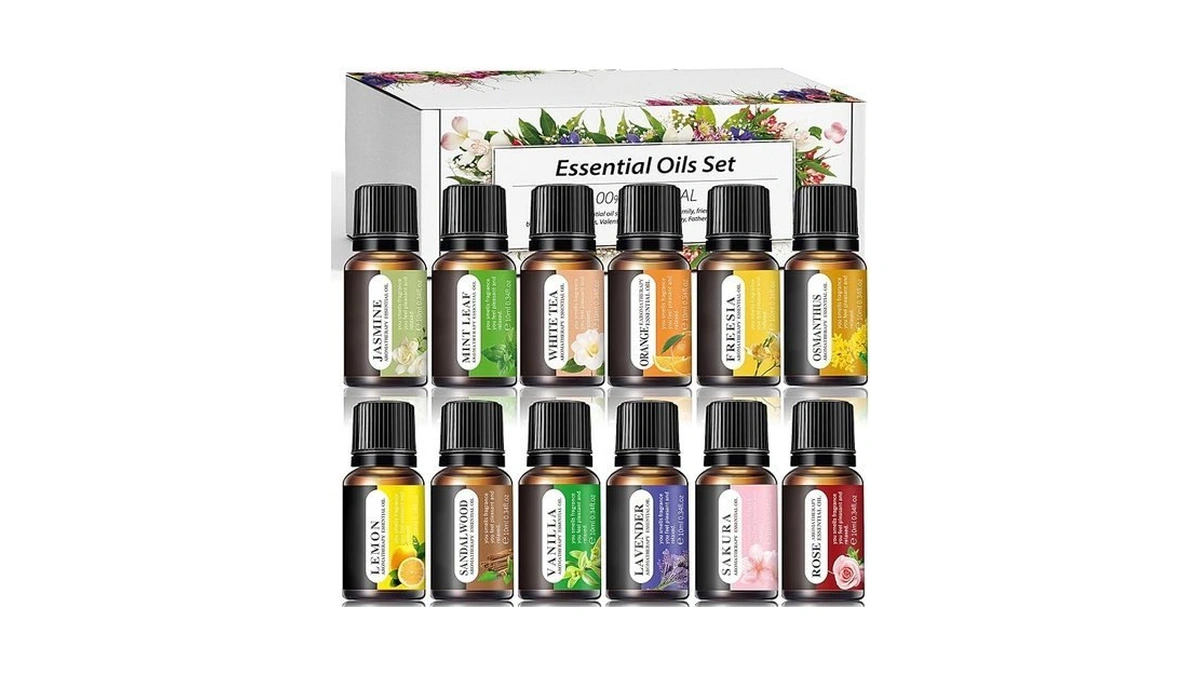 Essential Oils Set, 12 Scents, 10 Ml Bottles, Lavender, Lemon,