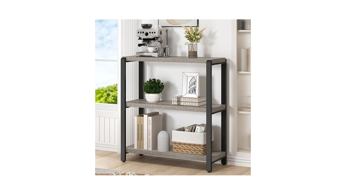 Foluban 3 Tier Bookshelf, Industrial Wood And Metal Book Shelf