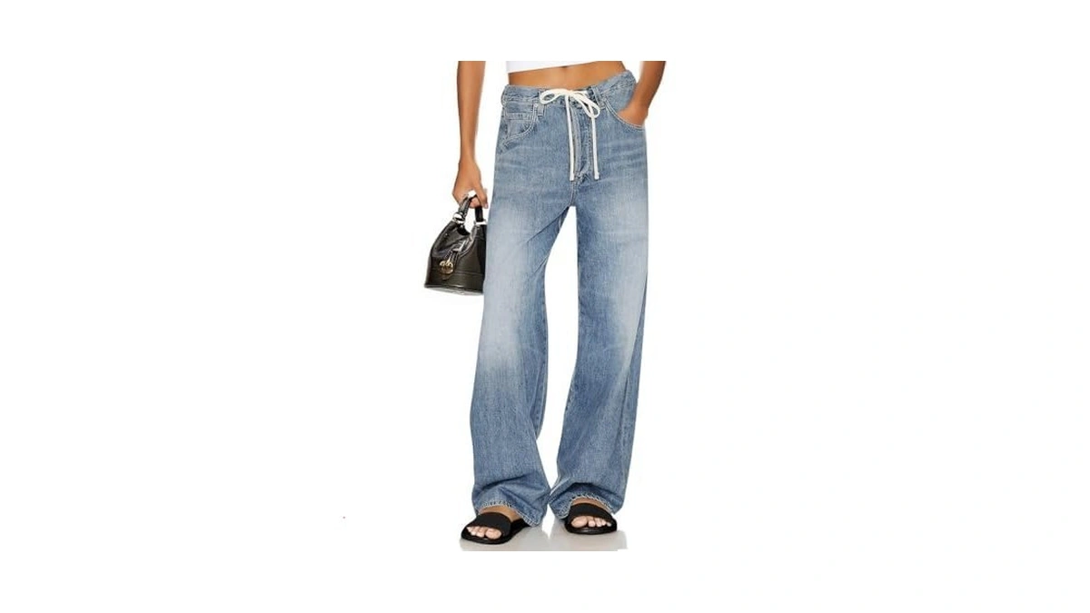 Cicy Bell Womens Wide Leg Jeans Drawstring High Waisted Baggy