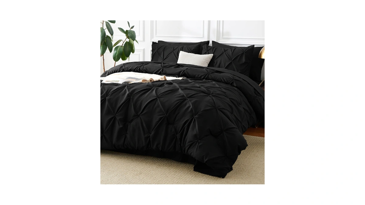 Cozylux Queen Comforter Set Black, 7 Pieces Pintuck Bed In