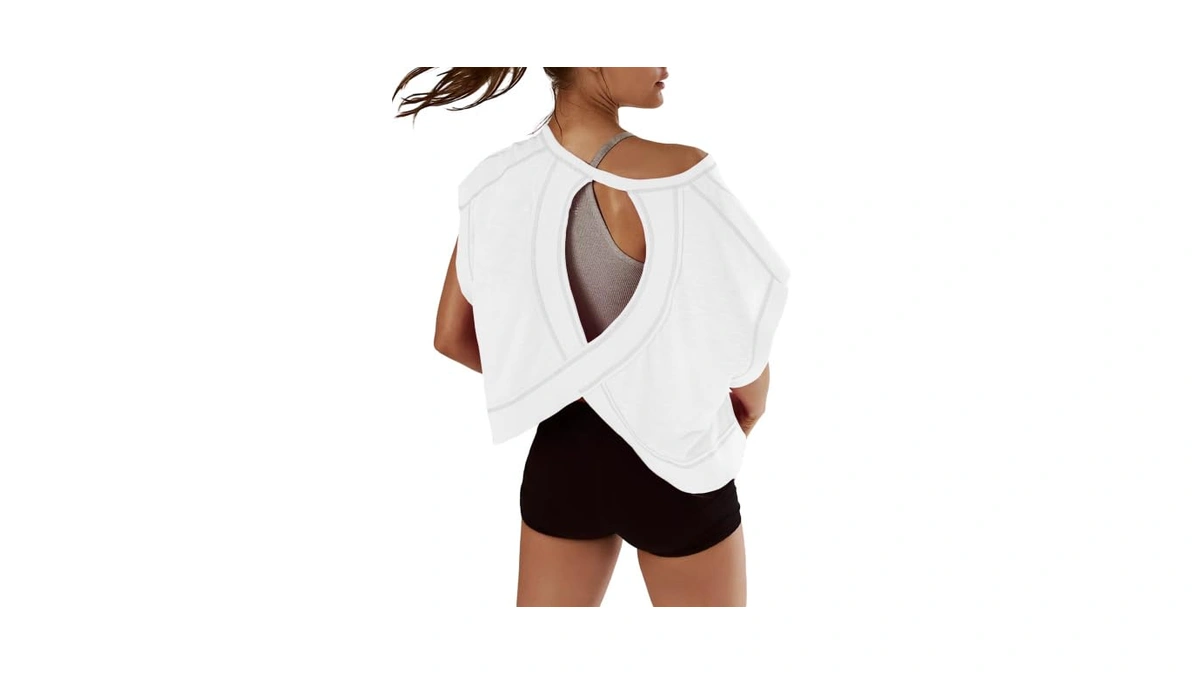 Kumufenc Women Short Sleeve Workout Shirts Open Back Tops Casual