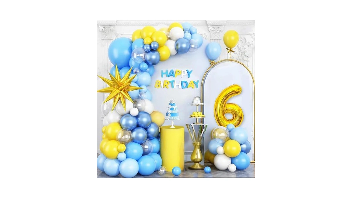 Yellow Blue 6th Birthday Balloons Arch, Baby Blue Clear White