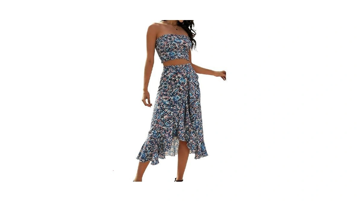 Angashion Women's 2 Piece Dress Floral Crop Top Maxi Skirt