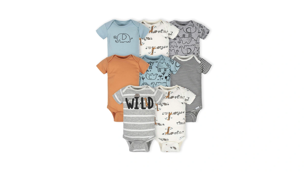 Gerber Baby 8-pack Short Sleeve Onesies Bodysuits, Jungle Blue, 0-3