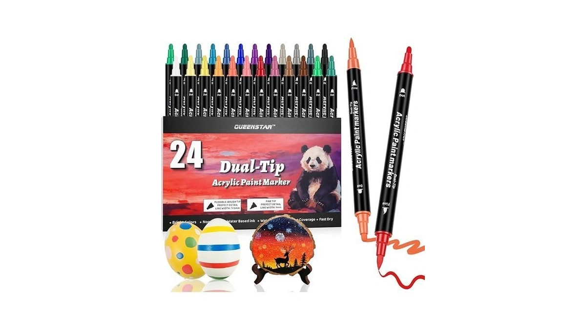 Queenbang 24 Colors Dual Tip Acrylic Paint Markers, Fine-dot Tip