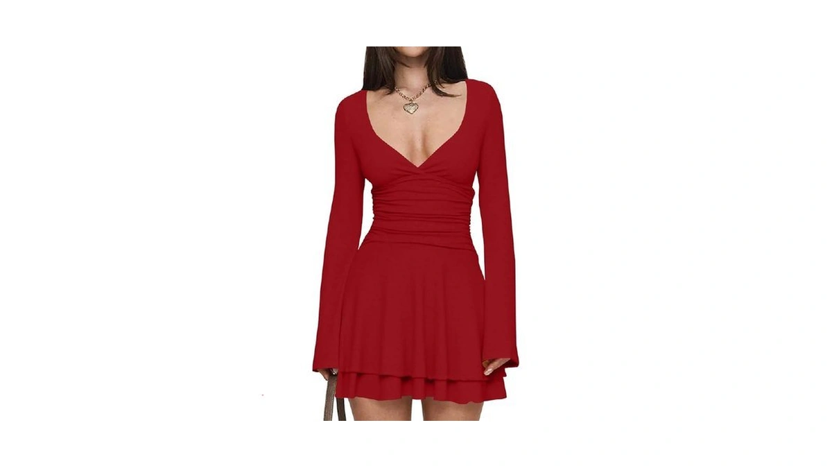 Misng Women's Sexy V Neck Ruffle Hem Mini Dress Long
