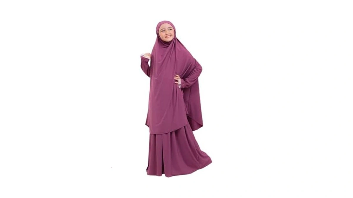 Kids Girls Muslim Islamic Two-piece Outfits Lace Long Sleeve Hijab