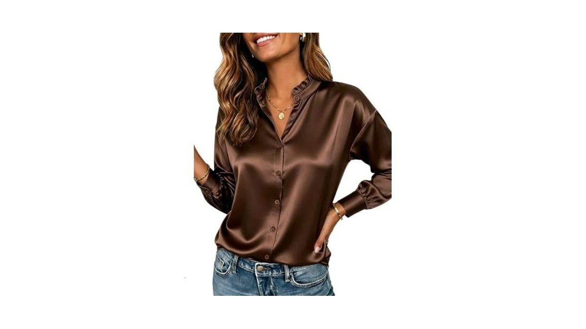 Cicy Bell Womens Satin Blouses Ruffle Collar Long Sleeve Button