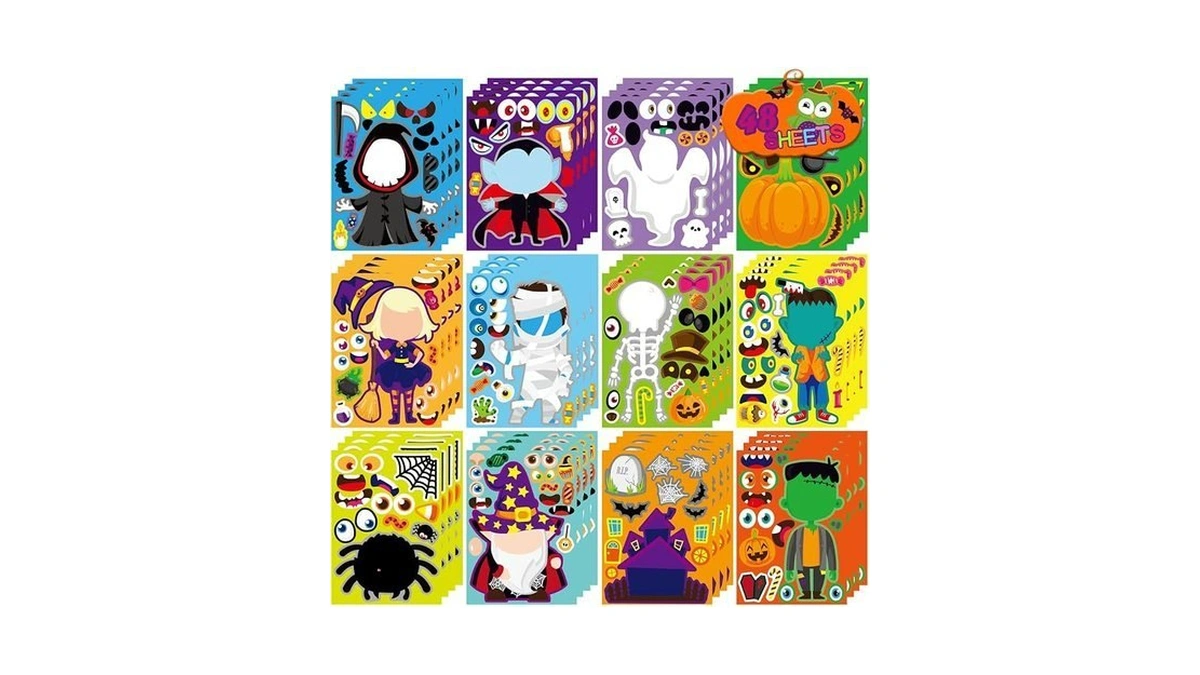 48pcs Halloween Make-a-face Stickers Halloween Characters Stickers For Kids