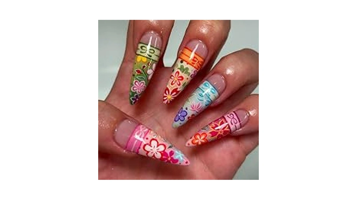 Long Stiletto Press On Nails Colorful Flower Fake Nails With