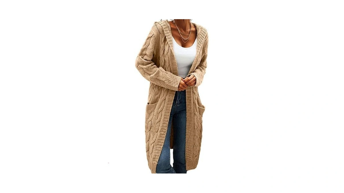 Women Hooded Open Front Cardigan Cable Knit Chunky Long Sweater
