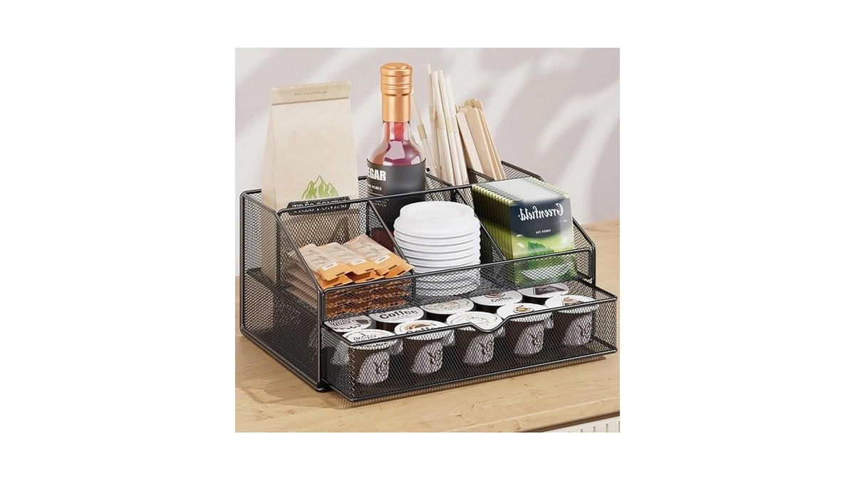 Coffee Bar Station Organizer Basket For Countertop With Drawer, Black