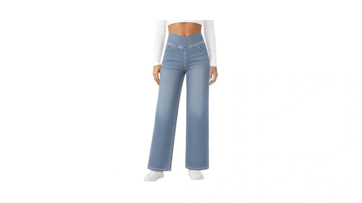 Fireswan Women's Wide Leg Jeans Crossover High Waist Stretchy Denim