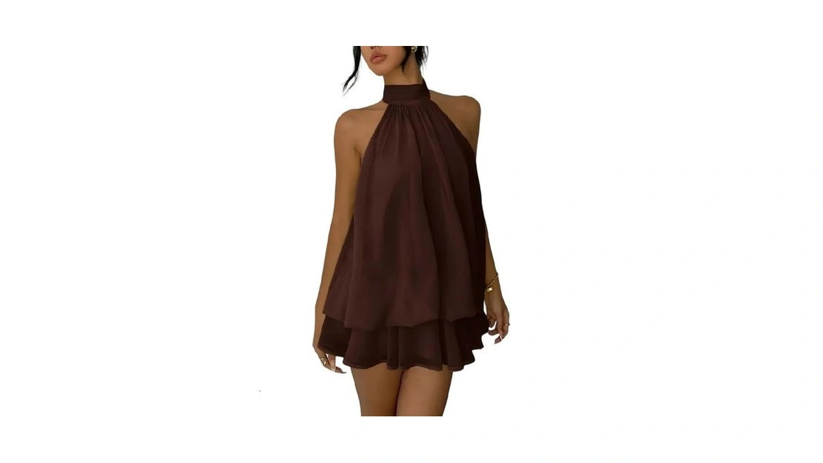 Women's Summer Halter Mini Dress Chiffon Ruffle Flowy Backless Wedding