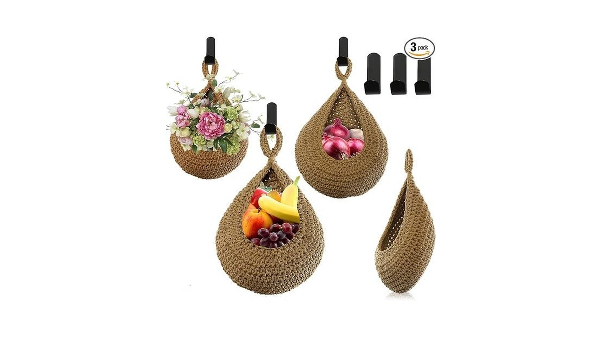 Velloray Hanging Fruit Baskets For Kitchen - Handwoven In 3