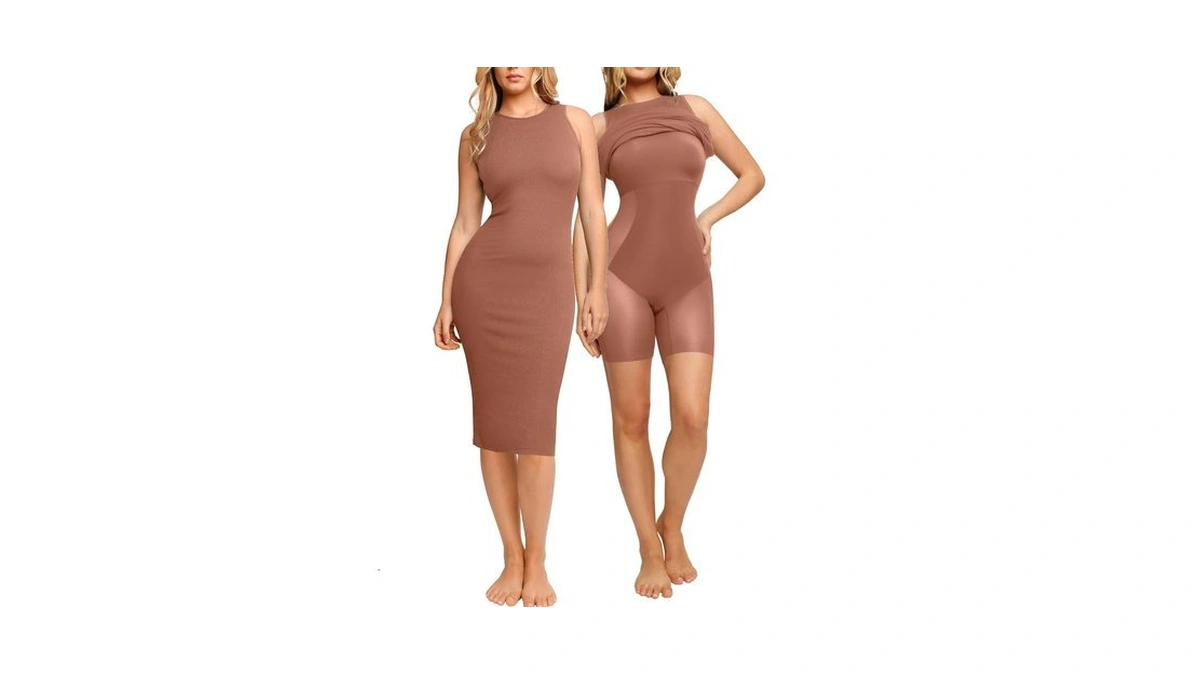 Popilush Women's Bodycon Ruched Shapewear Sleeveless Midi Dresses Brown S
