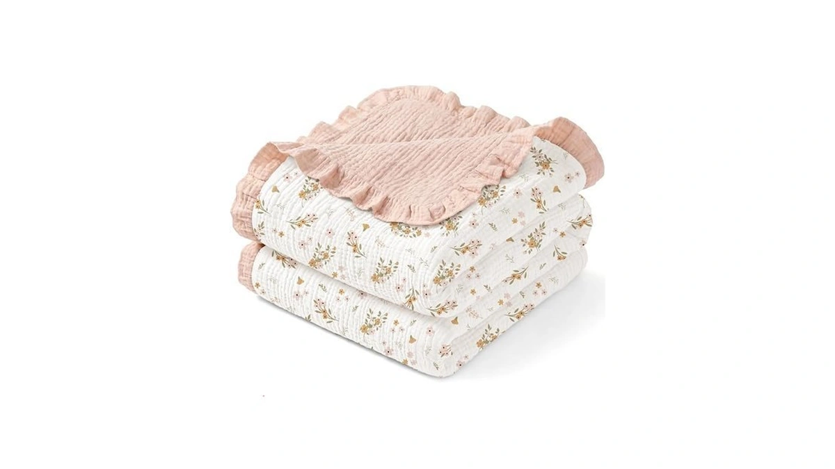 Trooer Muslin Baby Blanket For Girls With Ruffled Edges, 41"x41"
