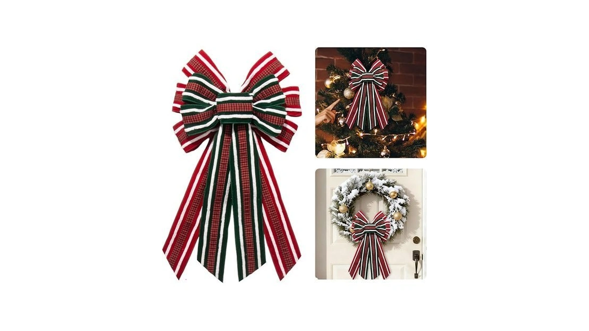Threetols Large Christmas Wreath Bows, Red Green White Stripe Bows