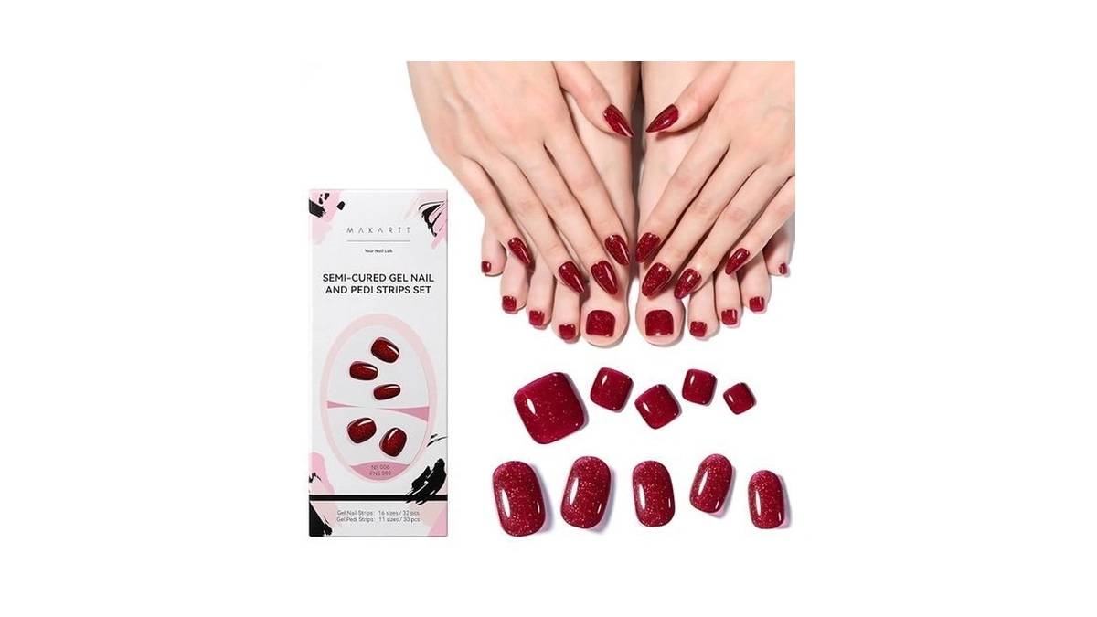 Makartt 32 Pcs Red Gel Nail Strips + Toe Set,