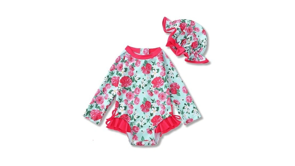 Amawmw Infant Baby Girl Swimsuit Long Sleeve One-piece Swimwear With