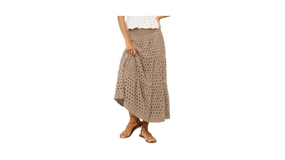 Qiaomai Womens Eyelet Cotton Maxi Skirt Casual Hollow Out Tiered