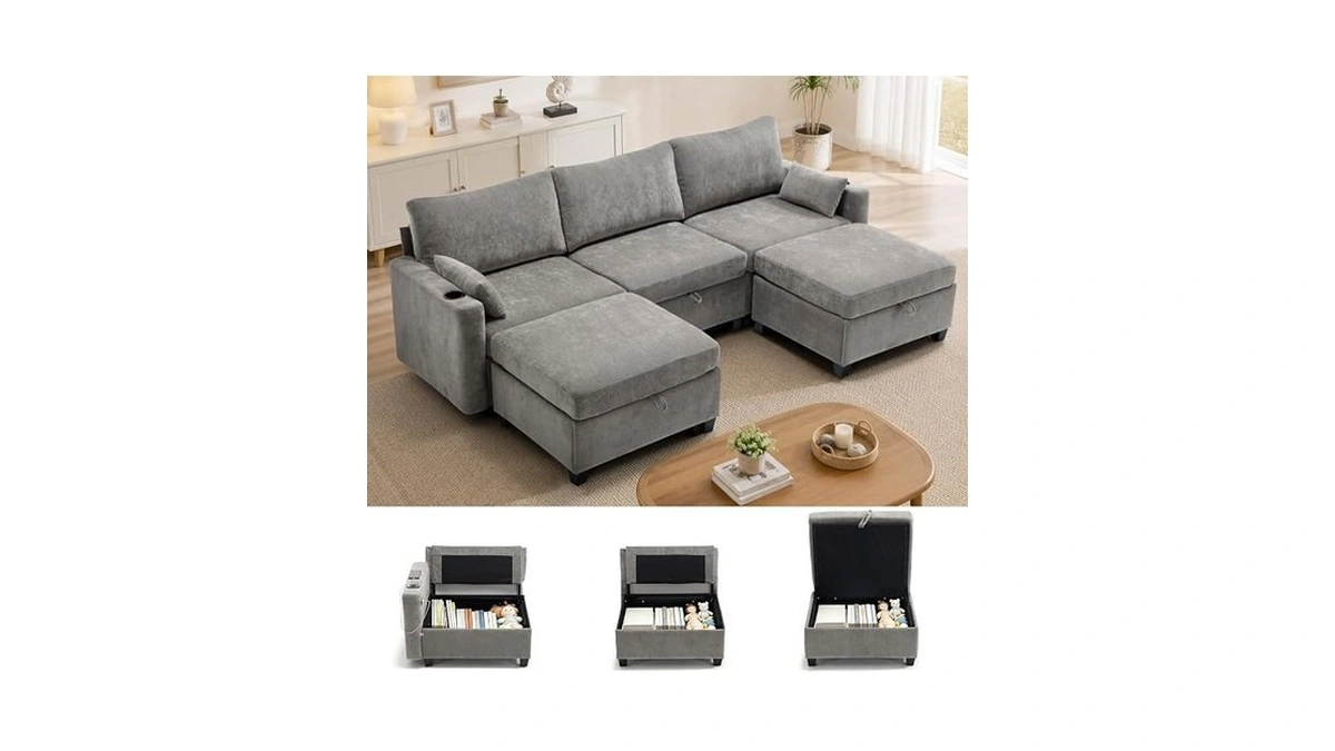 Vbonda 110" Modular Sectional Couch With Storage Seat & Ottoman,3