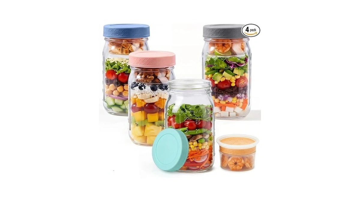 Comsaf 32 Oz Glass Salad Jars With Dressing Cup 4