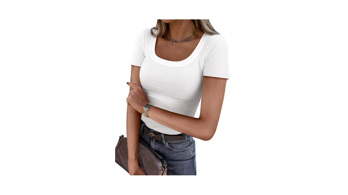 Anrabess Women Short Sleeve Tops Scoop Neck Ribbed Knit Slim