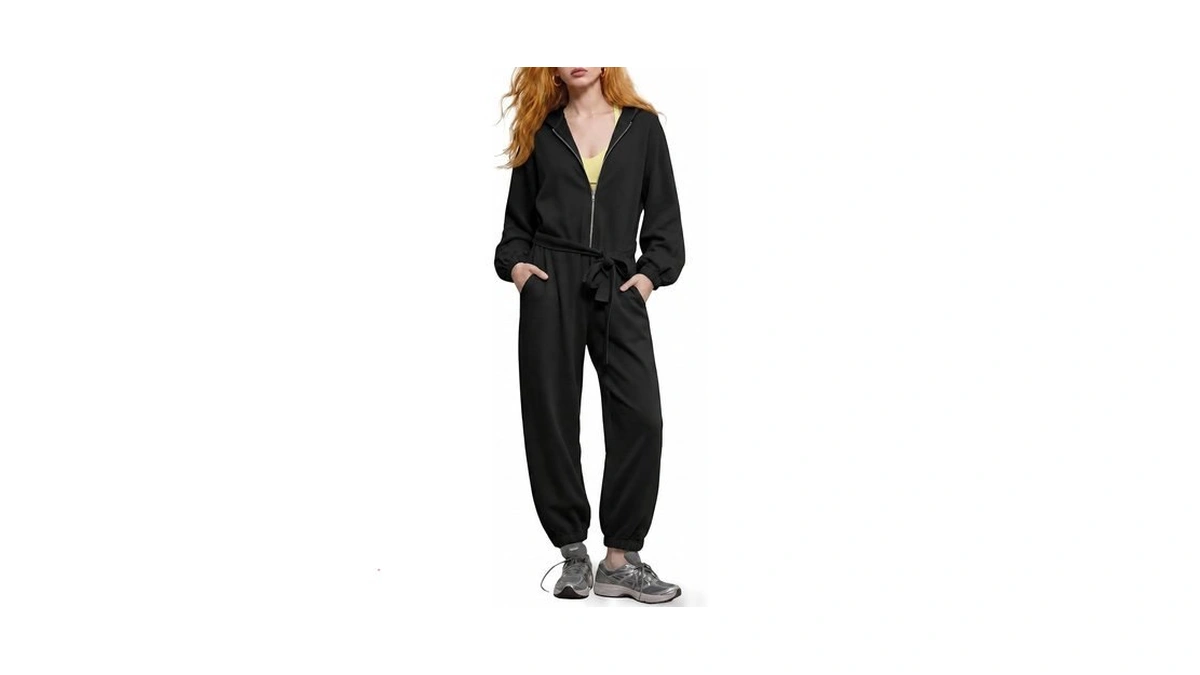 Fisoew Womens Long Sleeve Jumpsuits Tie Waist Zip Up Hoodie