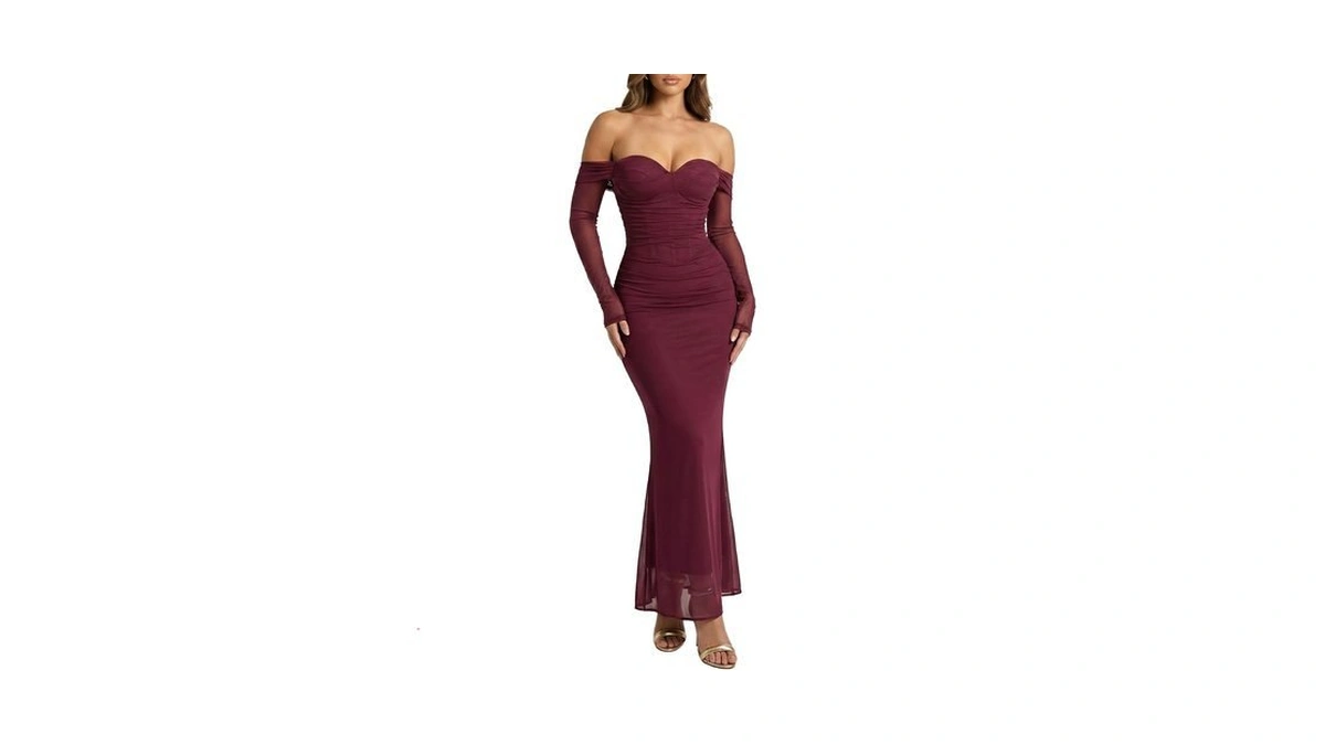 Curvysweet Vivere Women's Off Shoulder Long Sleeve Ruched Formal Maxi