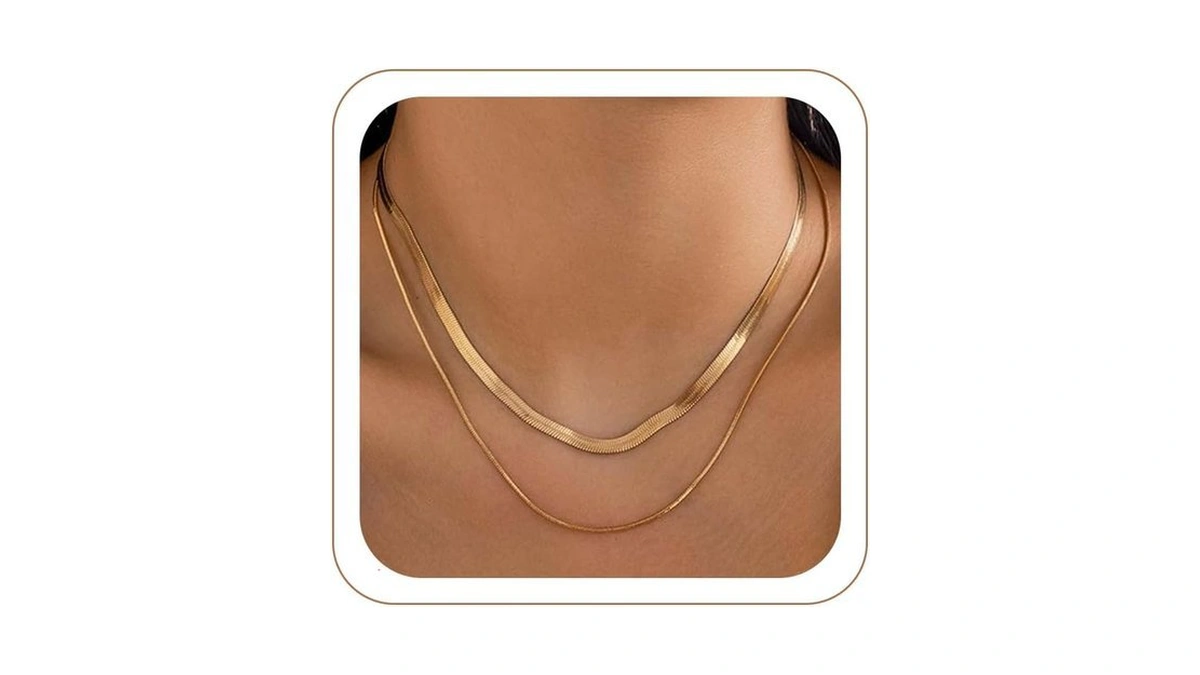 Kewjig 2pcs Herringbone Necklace For Women, Dainty 14k Gold Necklace