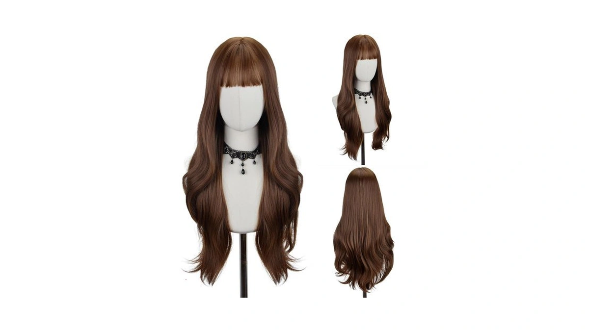 Free Beauty Wig With Bangs For Women Long Brown Wavy
