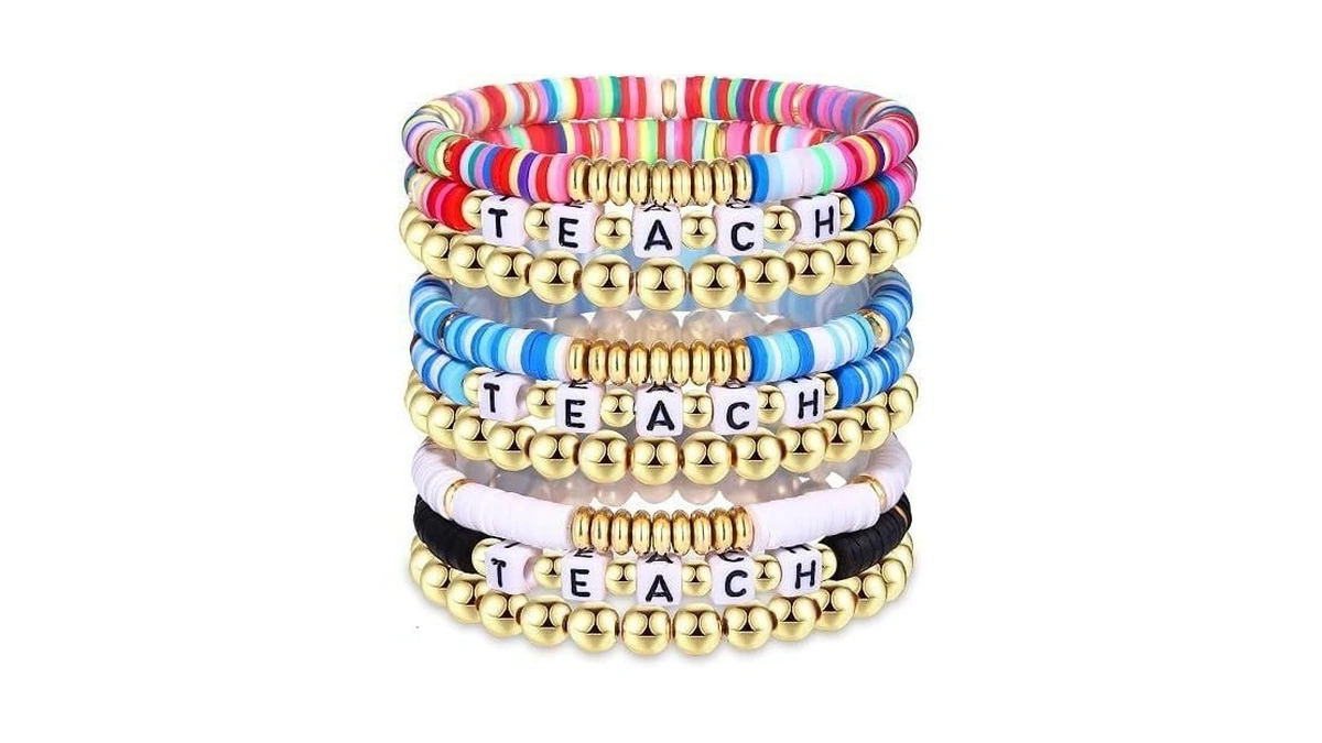 Nlcac 9 Pack Heishi Teacher Bracelets Stackable Rainbow Heishi Teach