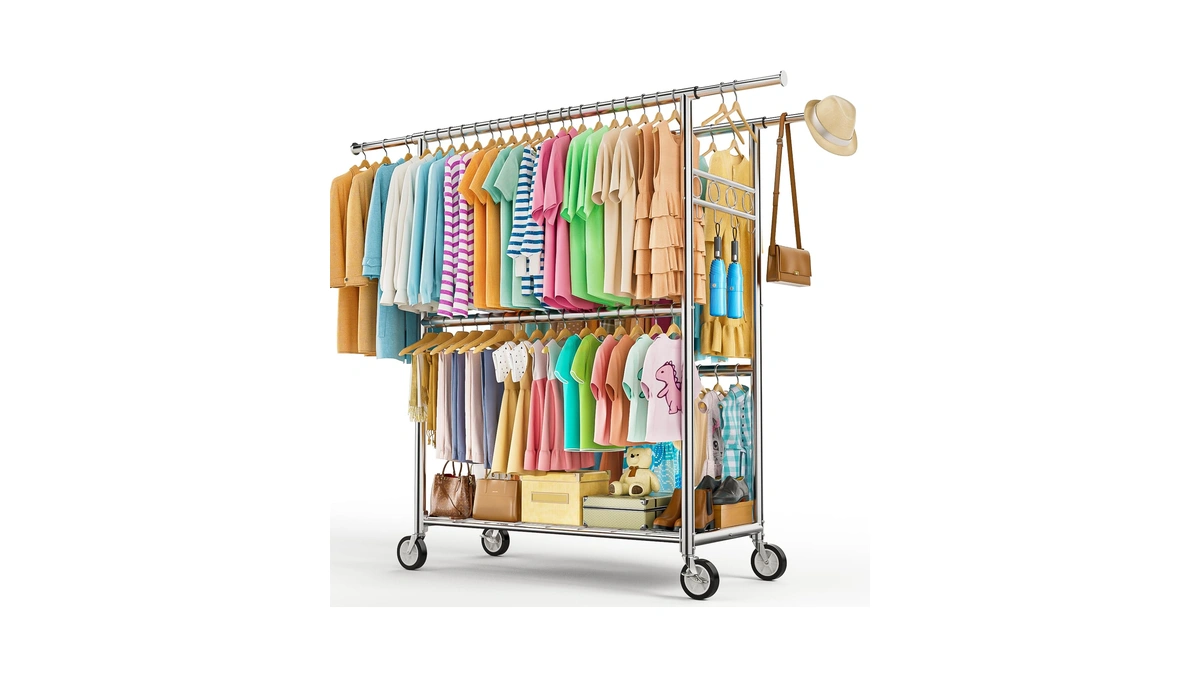 Heavy Duty Clothes Rack Load 1060lbs, Four Rods Rolling Clothing