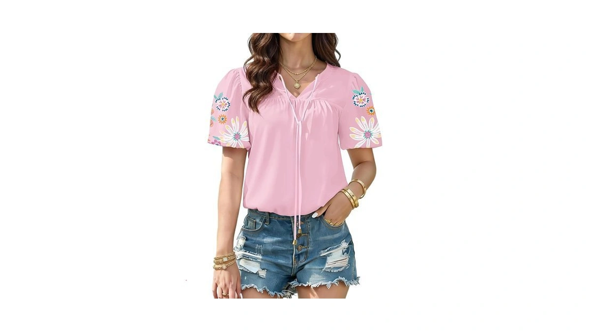 Short Sleeve Blouses For Women Boho Neck Puff