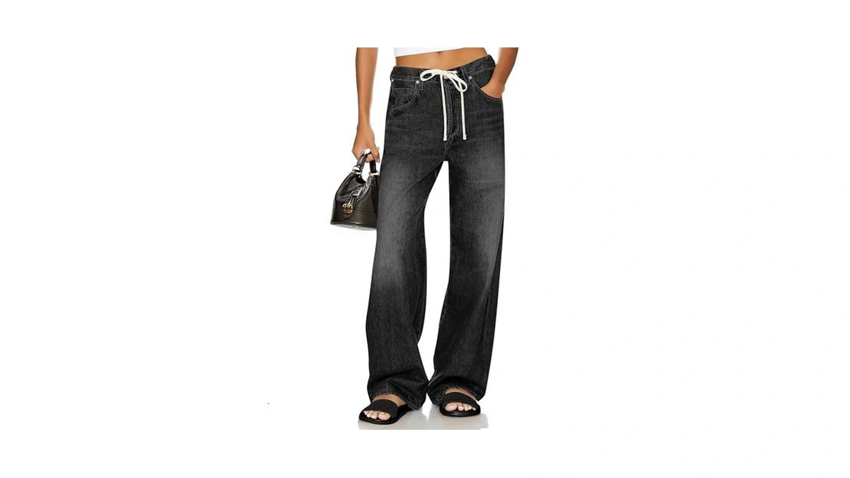 Cicy Bell Womens Wide Leg Jeans Drawstring High Waisted Baggy
