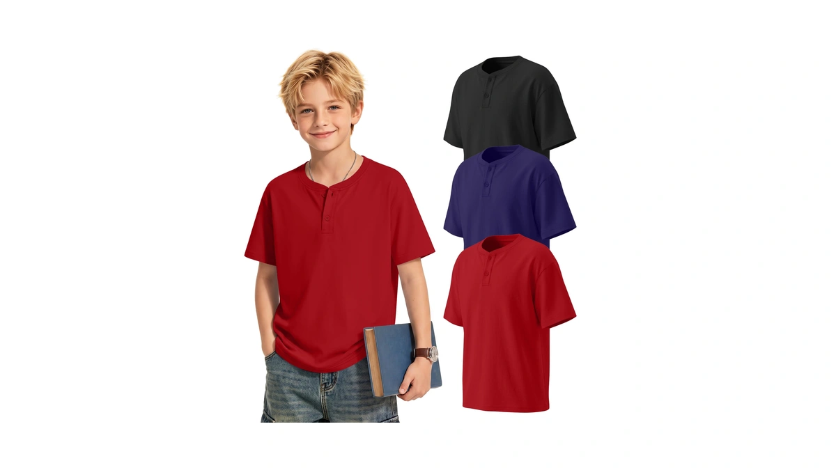 Mumucove 3 Pack Boys Henley Short Sleeve Shirts, 3-color, 11-12