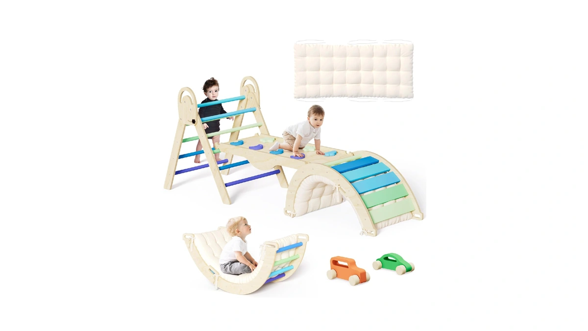 Elegantcrafts Pikler Triangle Set With Cushion, Montessori Climbing Set, Indoor