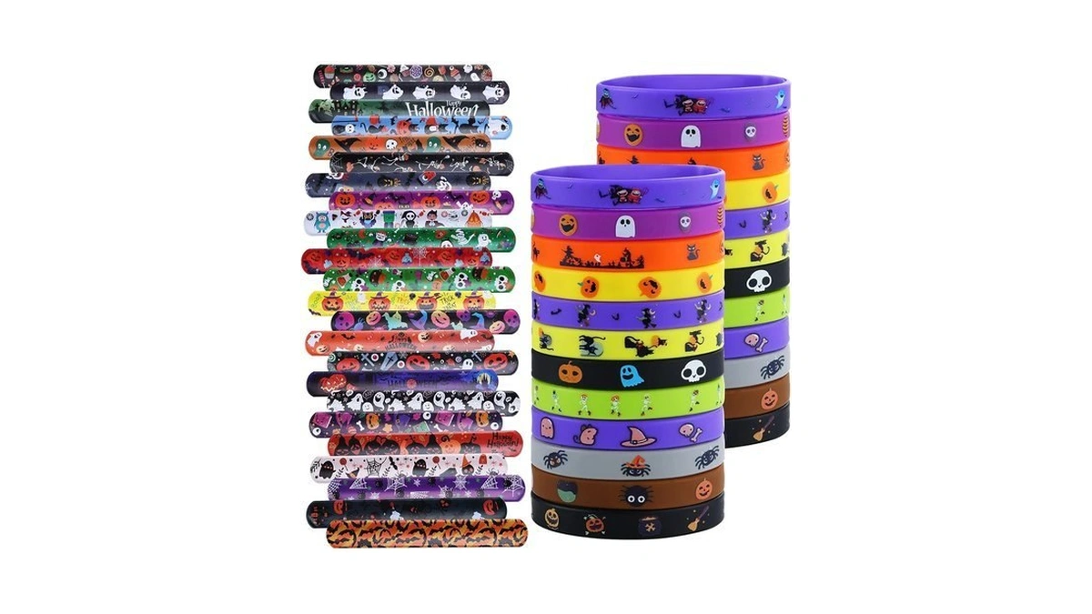 Xutengy 48pcs Halloween Party Favors Decorations Slap Bracelets Rubber Wristbands,