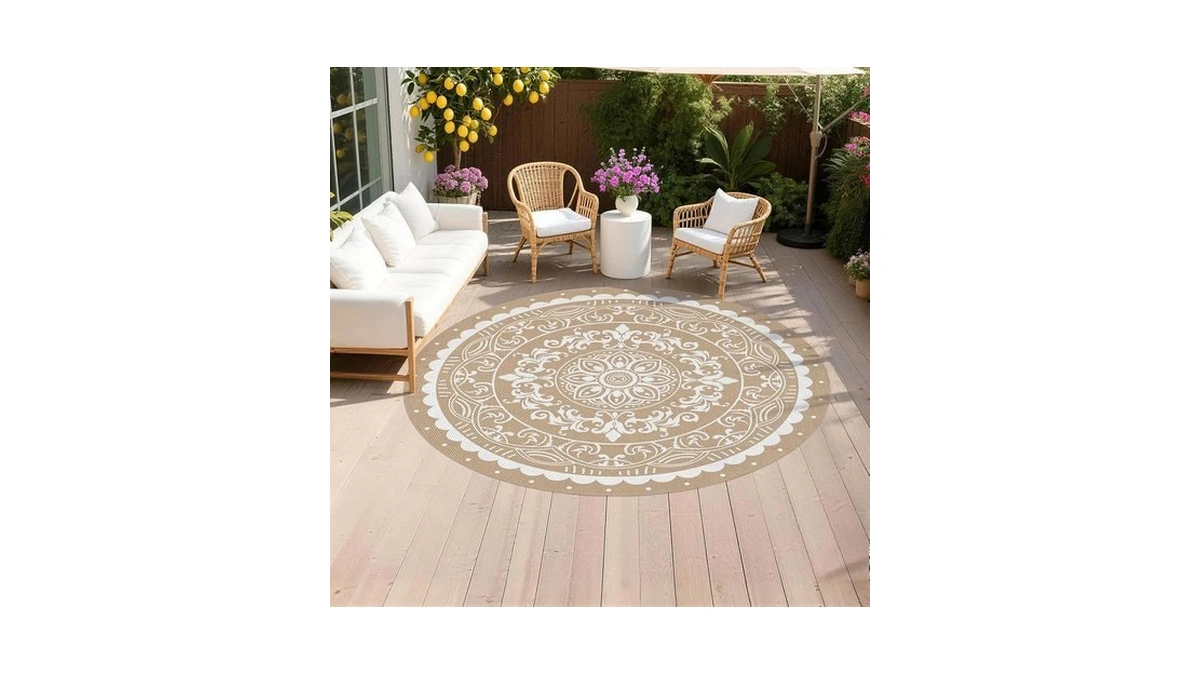 Pauwer Waterproof Outdoor Rug 8ft, Plastic Straw Patio Mat, Paisley
