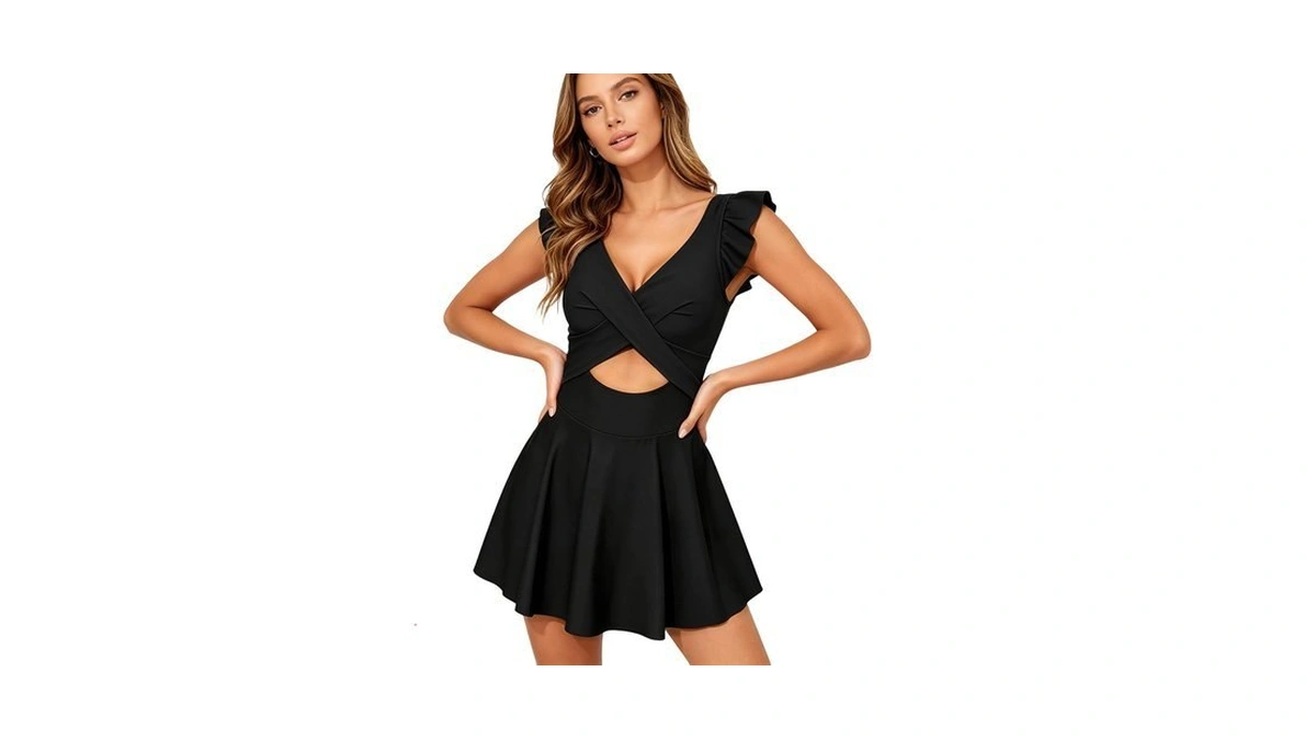 Women's Ruffle Sleeve One Piece Swimsuit, V Neck Cutout Swimdress