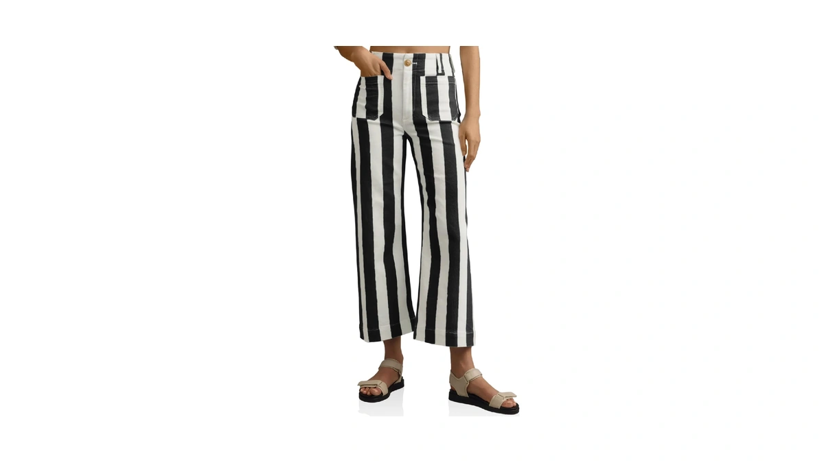 Tankaneo Womens Cropped Striped Jeans High Waisted Wide Leg Denim