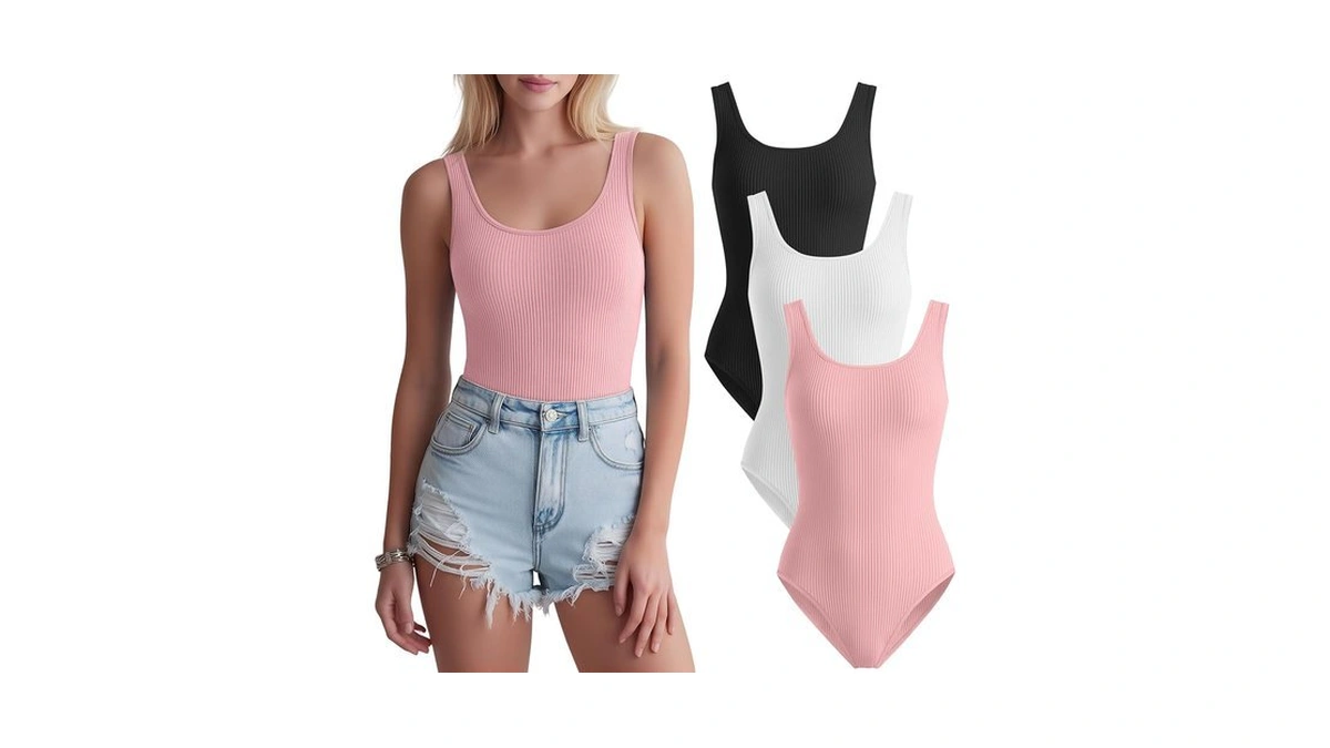 Joymotion 3 Pack Women Ribbed Scoop Neck Bodysuits, 3-color, X-small
