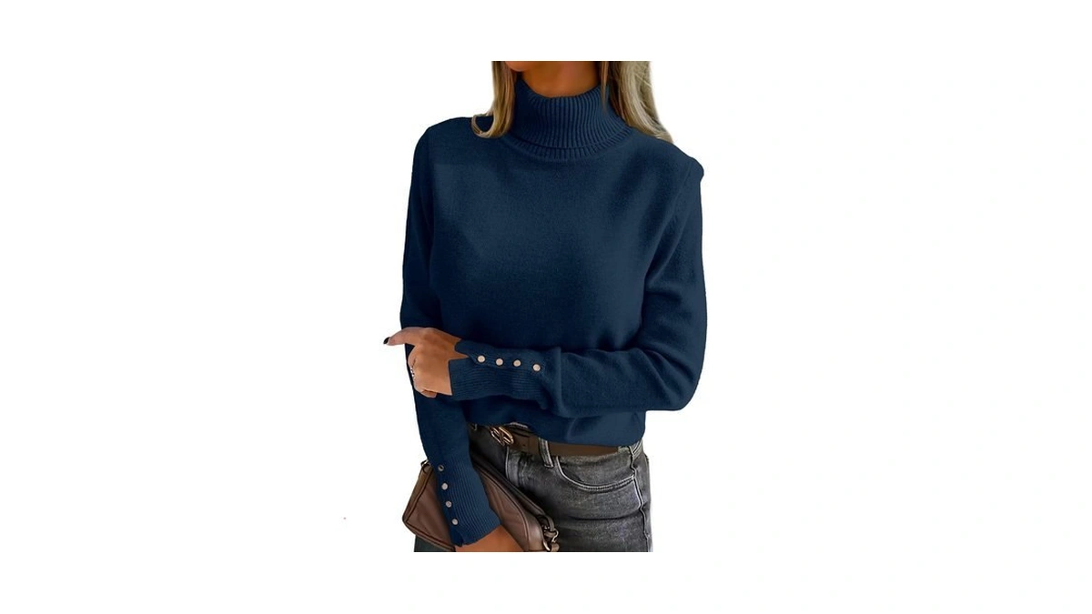 Anrabess Turtleneck Sweaters For Women Long Sleeve Tops, Navy Blue,