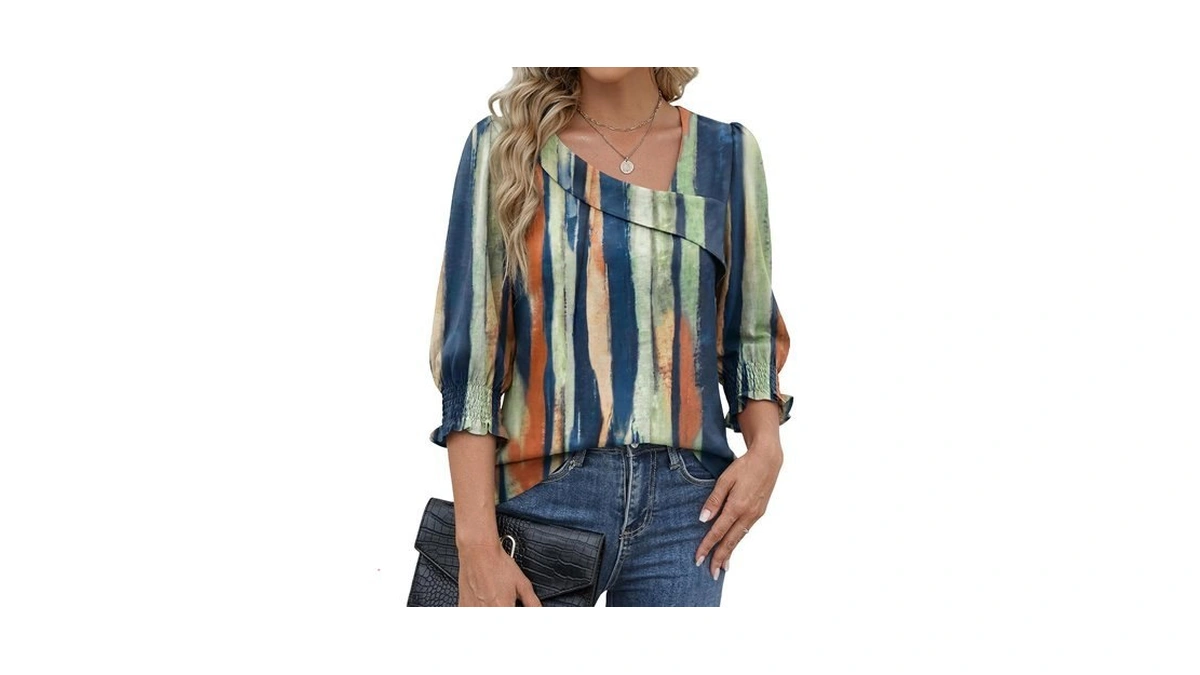 Funlingo 3/4 Sleeve Tops For Women Fall Asymmetric Square Neck
