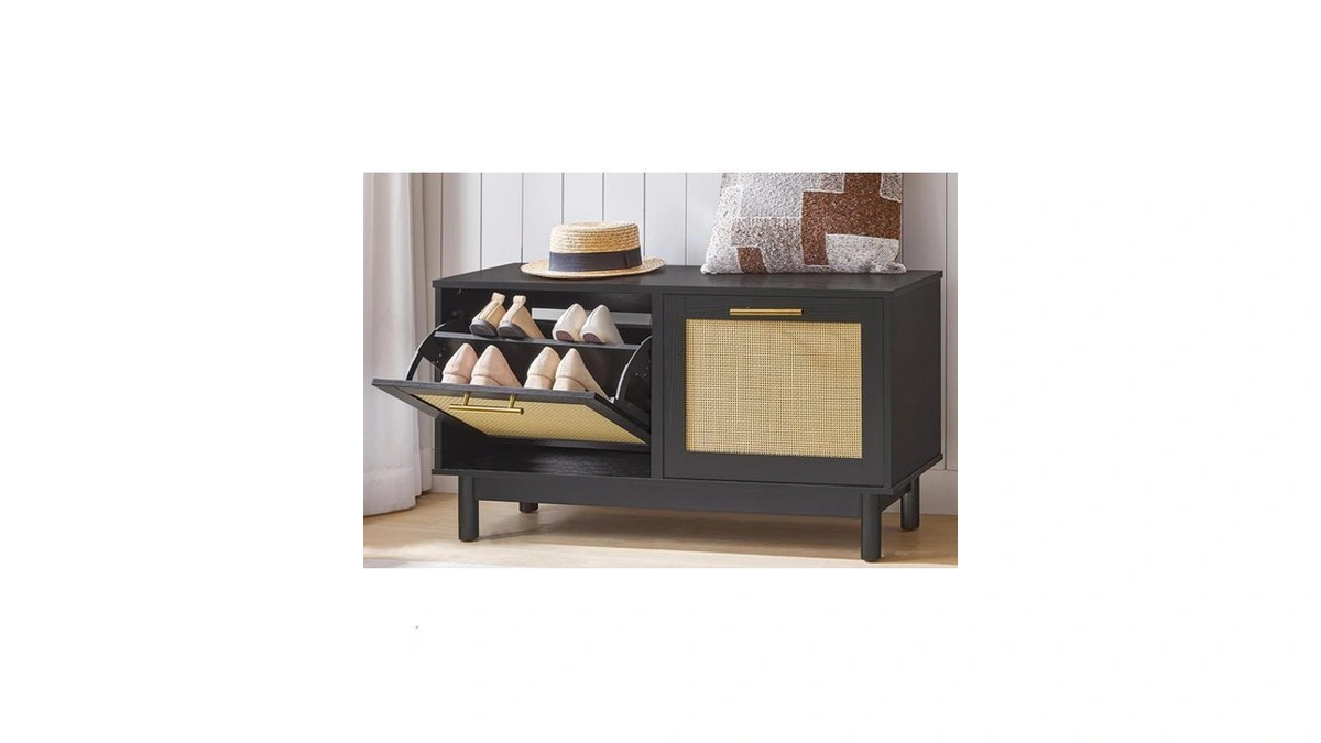 Hoobro Rattan Shoe Storage Bench With Double Flip Drawers, Narrow
