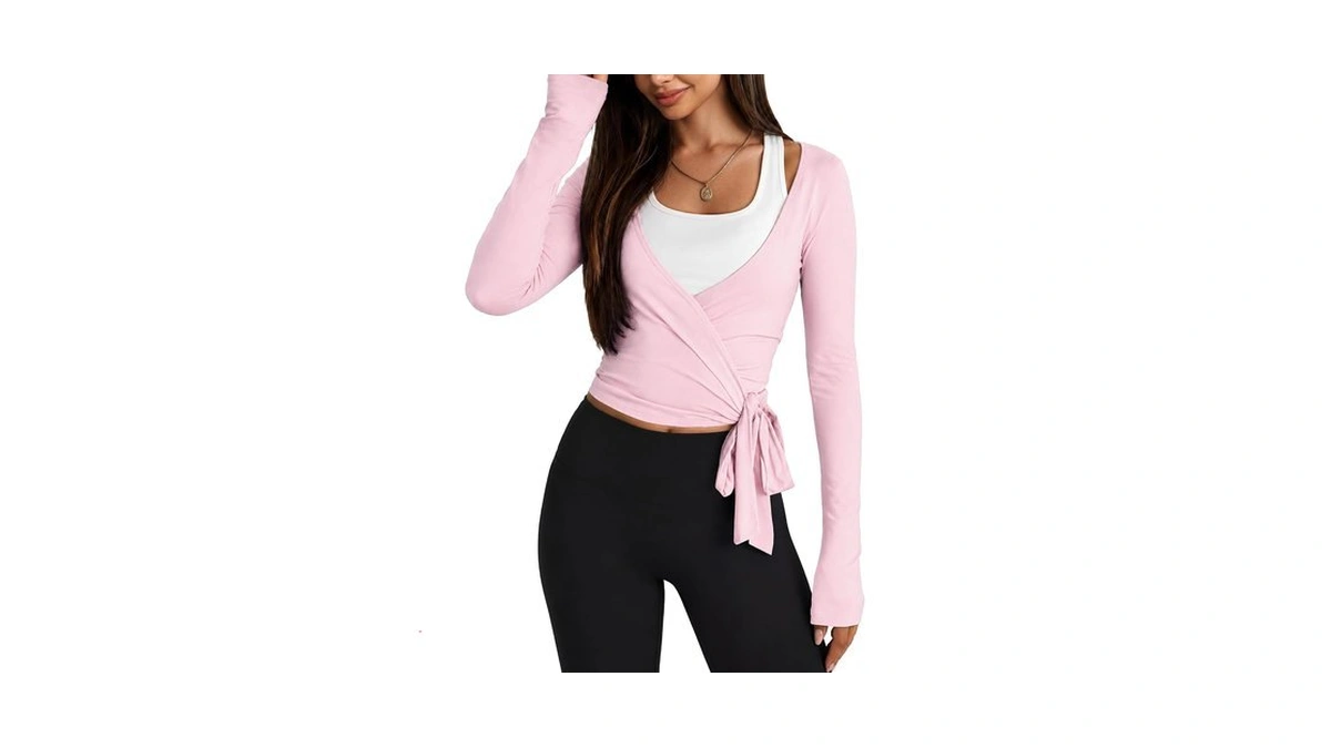 Copyleaf Women Ballet Wrap Top Long Sleeve Crop Tops For